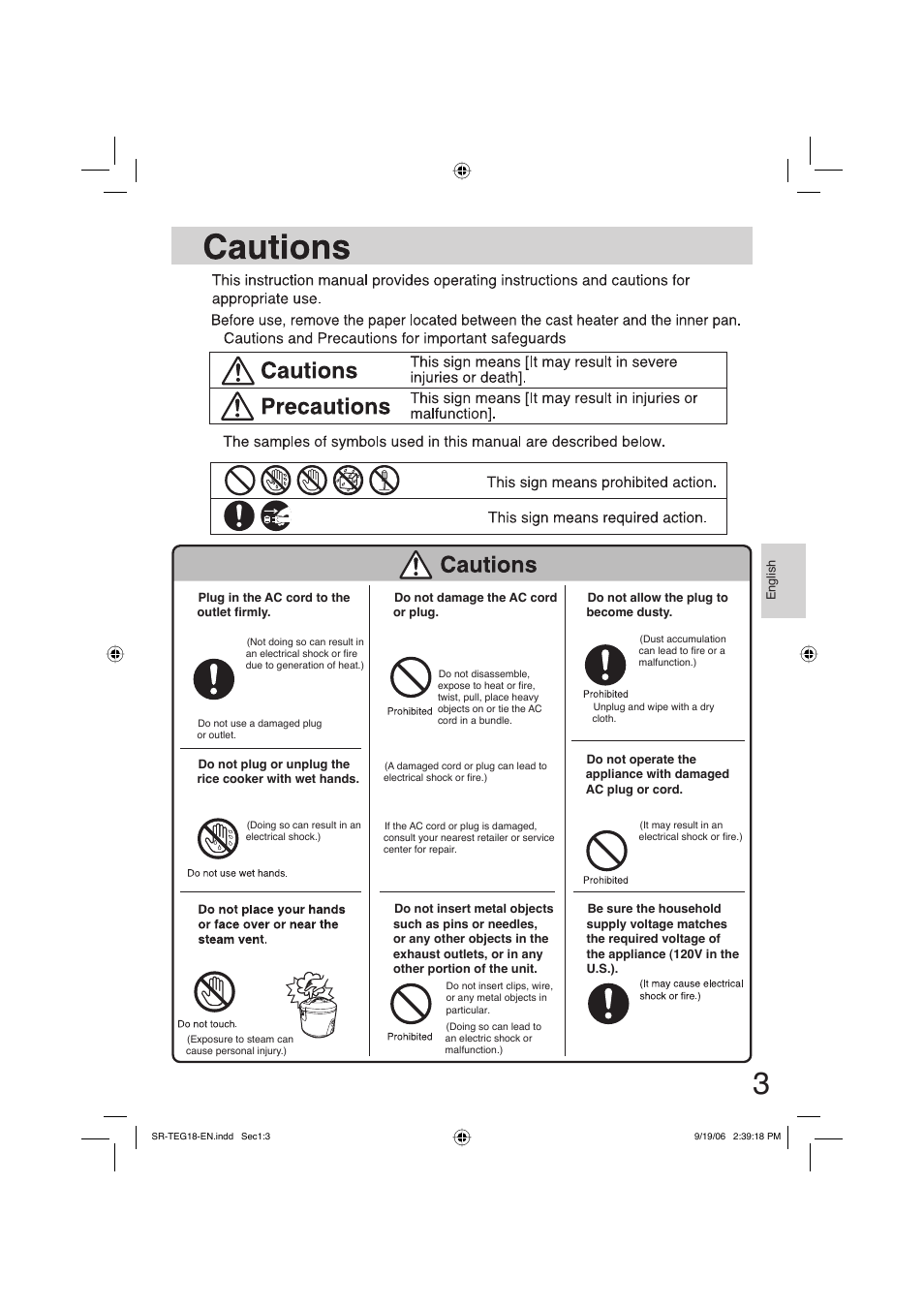 Cautions | Panasonic SR-TEG18 User Manual | Page 3 / 12