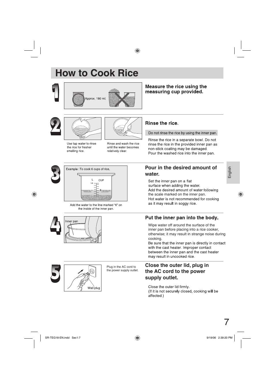 How to cook rice | Panasonic SR-TEG18 User Manual | Page 7 / 12