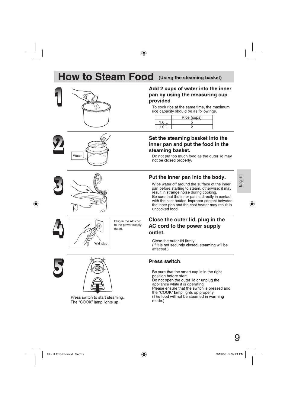 How to steam food | Panasonic SR-TEG18 User Manual | Page 9 / 12
