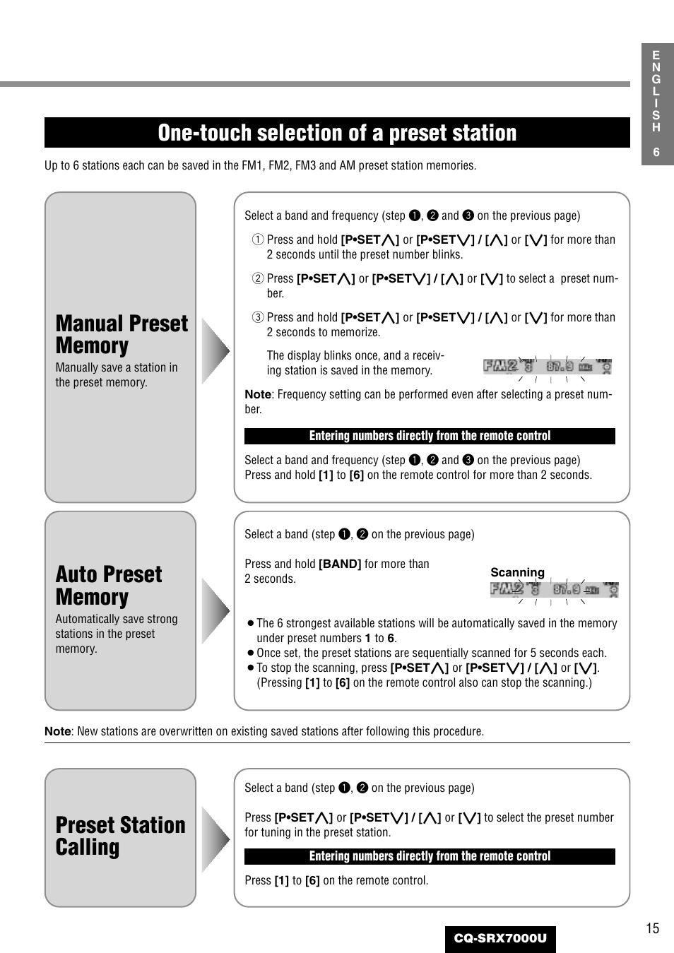 One-touch selection of a preset station, Preset station calling | Panasonic CQ-SRX7000U User Manual | Page 11 / 54