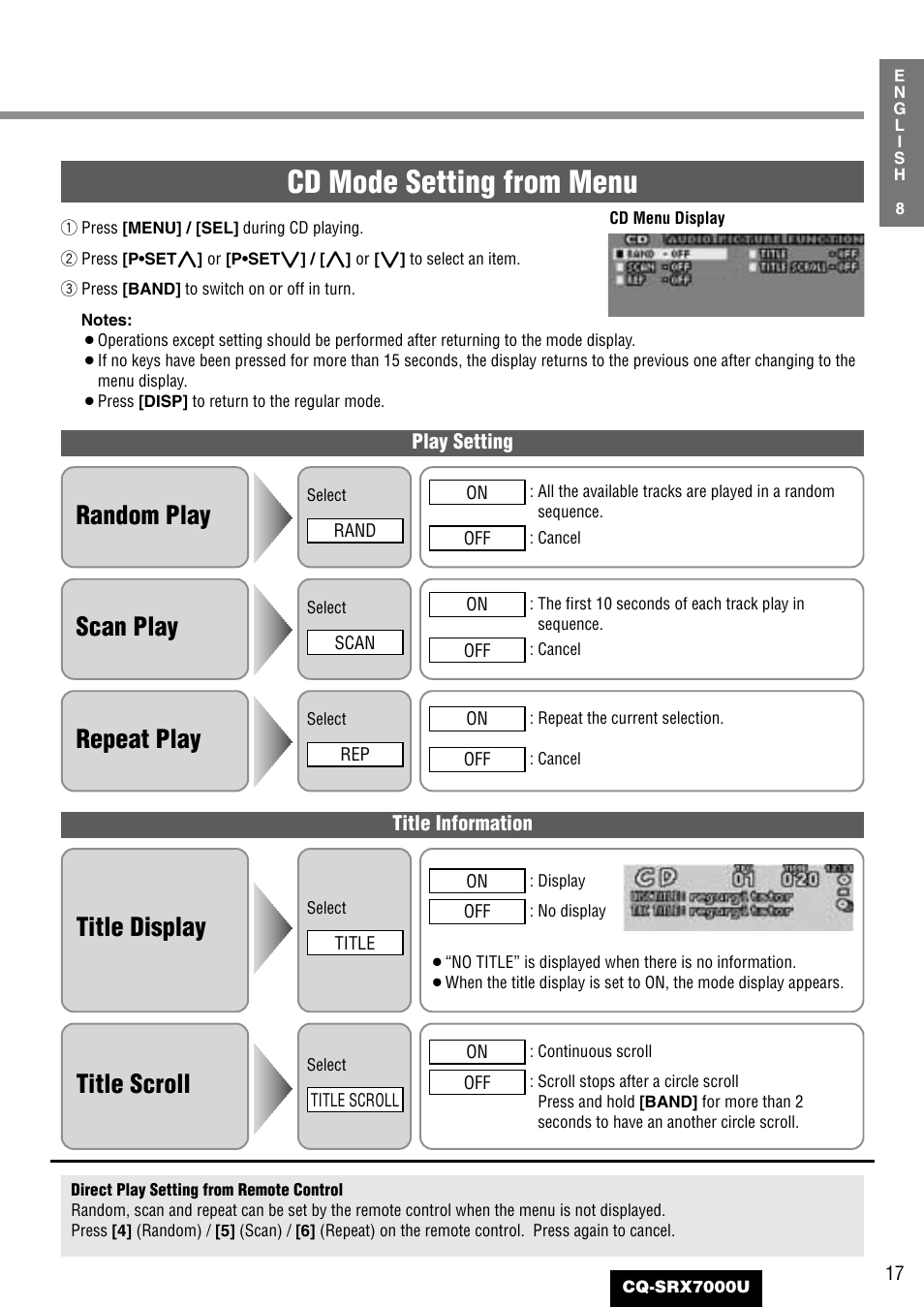 Cd mode setting from menu, Repeat play, Title display | Title scroll, Random play, Scan play | Panasonic CQ-SRX7000U User Manual | Page 13 / 54