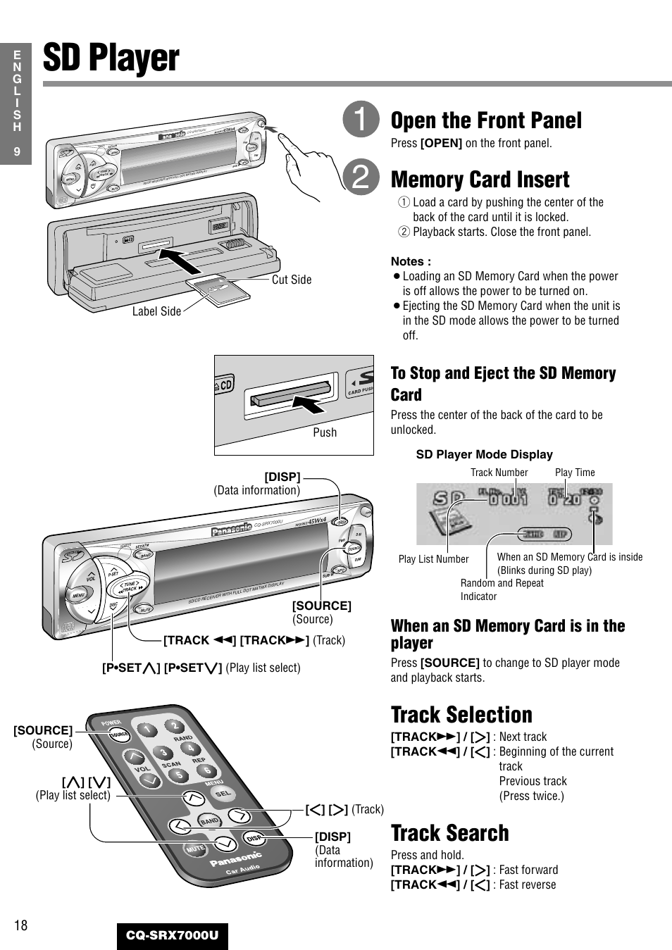 Sd player, Open the front panel, Track selection | Track search, Press [open] on the front panel | Panasonic CQ-SRX7000U User Manual | Page 14 / 54