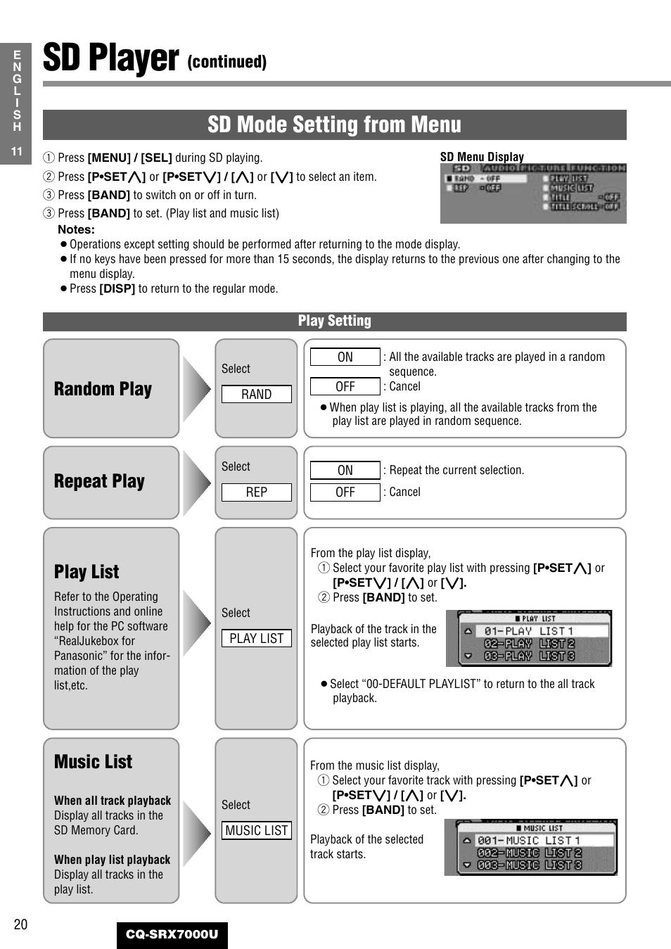 Sd player, Sd mode setting from menu, Repeat play | Random play, Play list, Music list, Continued) | Panasonic CQ-SRX7000U User Manual | Page 16 / 54