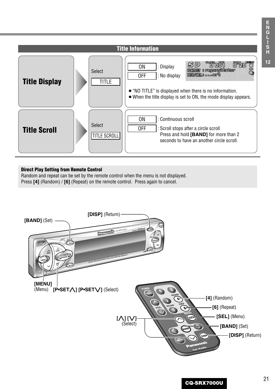 Title display, Title scroll, Title information | Title, Off on, Select | Panasonic CQ-SRX7000U User Manual | Page 17 / 54
