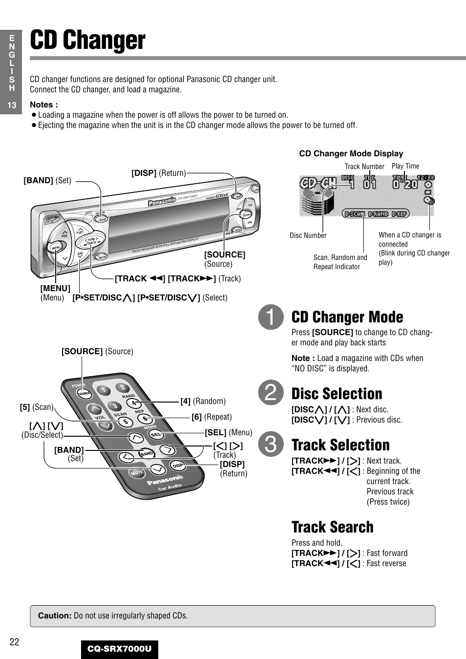 Cd changer, Cd changer mode, Disc selection | Track selection, Track search | Panasonic CQ-SRX7000U User Manual | Page 18 / 54