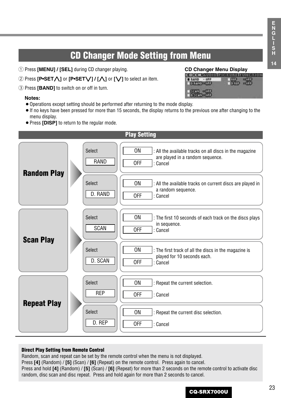 Cd changer mode setting from menu, Random play, Scan play | Repeat play | Panasonic CQ-SRX7000U User Manual | Page 19 / 54