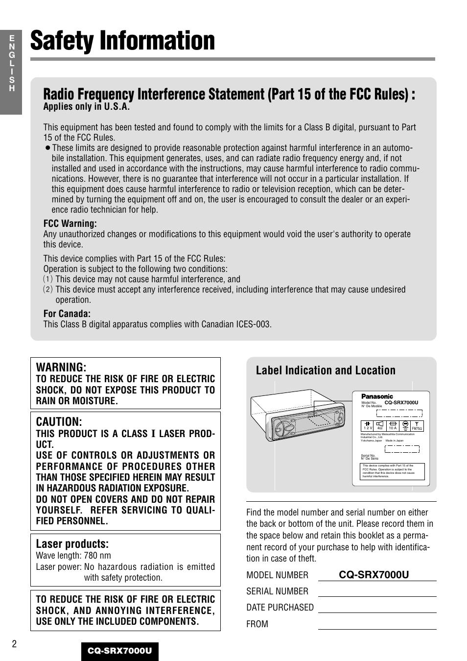 Safety information, Caution, Warning | Laser products, Label indication and location, Cq-srx7000u | Panasonic CQ-SRX7000U User Manual | Page 2 / 54