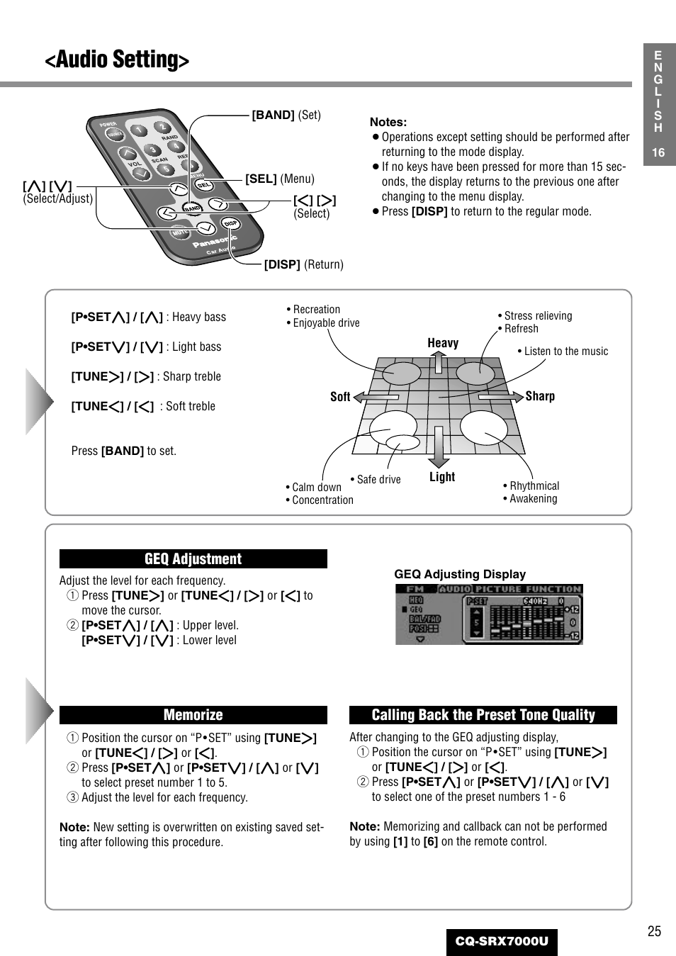 Audio setting, Geq adjustment, Calling back the preset tone quality | Panasonic CQ-SRX7000U User Manual | Page 21 / 54