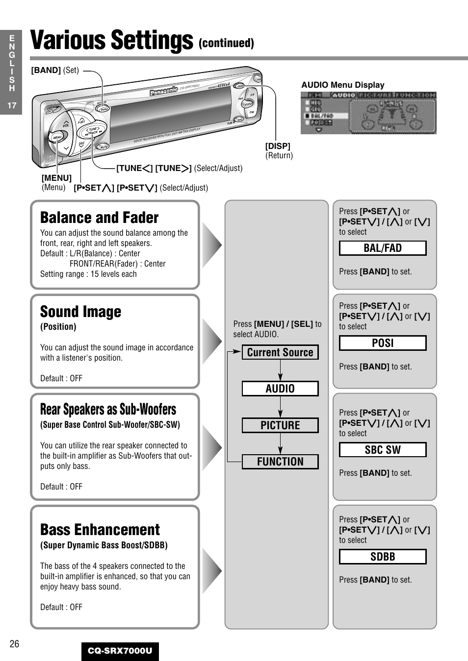 Various settings, Balance and fader, Sound image | Rear speakers as sub-woofers, Bass enhancement, Continued), Bal/fad, Posi, Sbc sw, Sdbb | Panasonic CQ-SRX7000U User Manual | Page 22 / 54