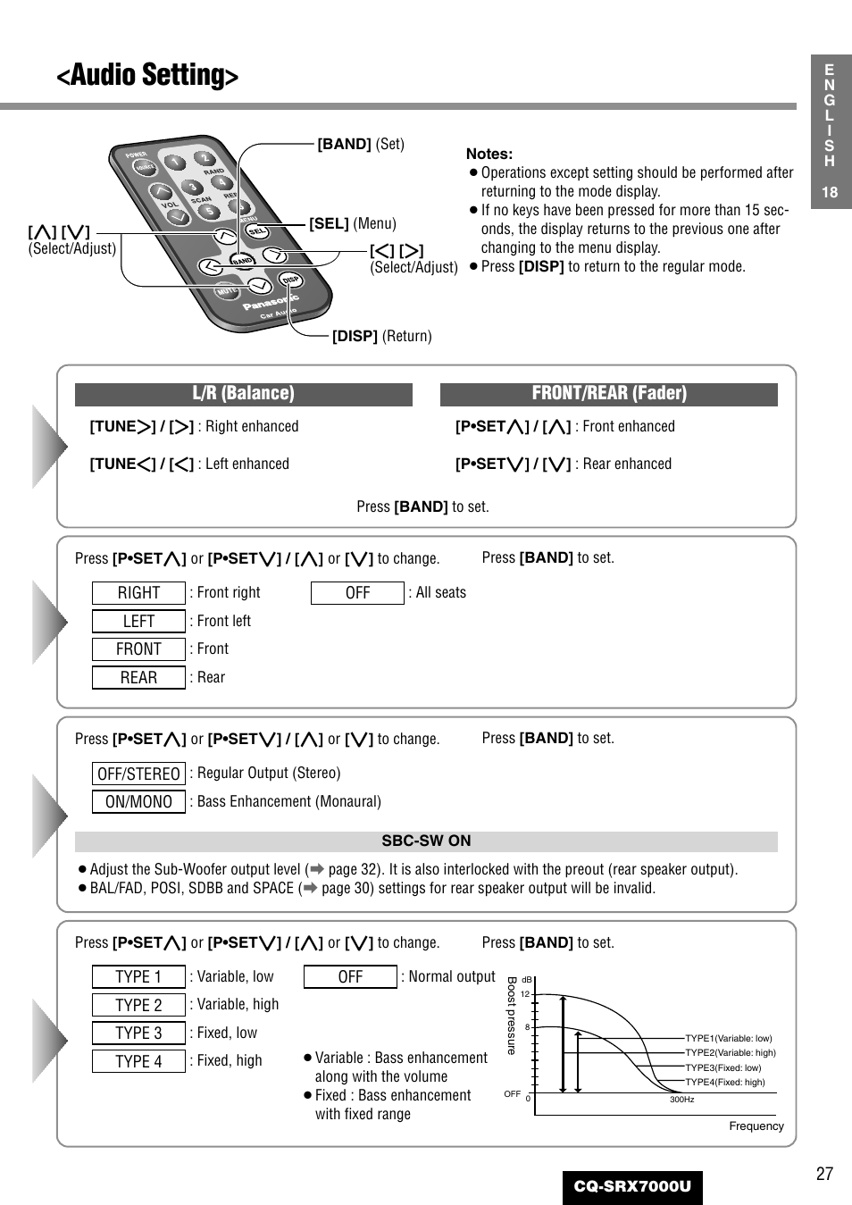Audio setting, Front/rear (fader), L/r (balance) | Panasonic CQ-SRX7000U User Manual | Page 23 / 54