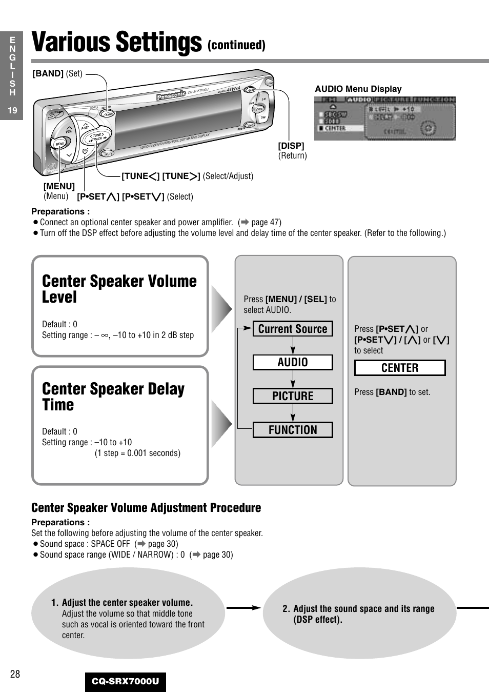 Various settings, Center speaker volume level, Center speaker delay time | Continued), Center speaker volume adjustment procedure, Center, Function picture audio current source, Adjust the center speaker volume, Adjust the sound space and its range (dsp effect) | Panasonic CQ-SRX7000U User Manual | Page 24 / 54