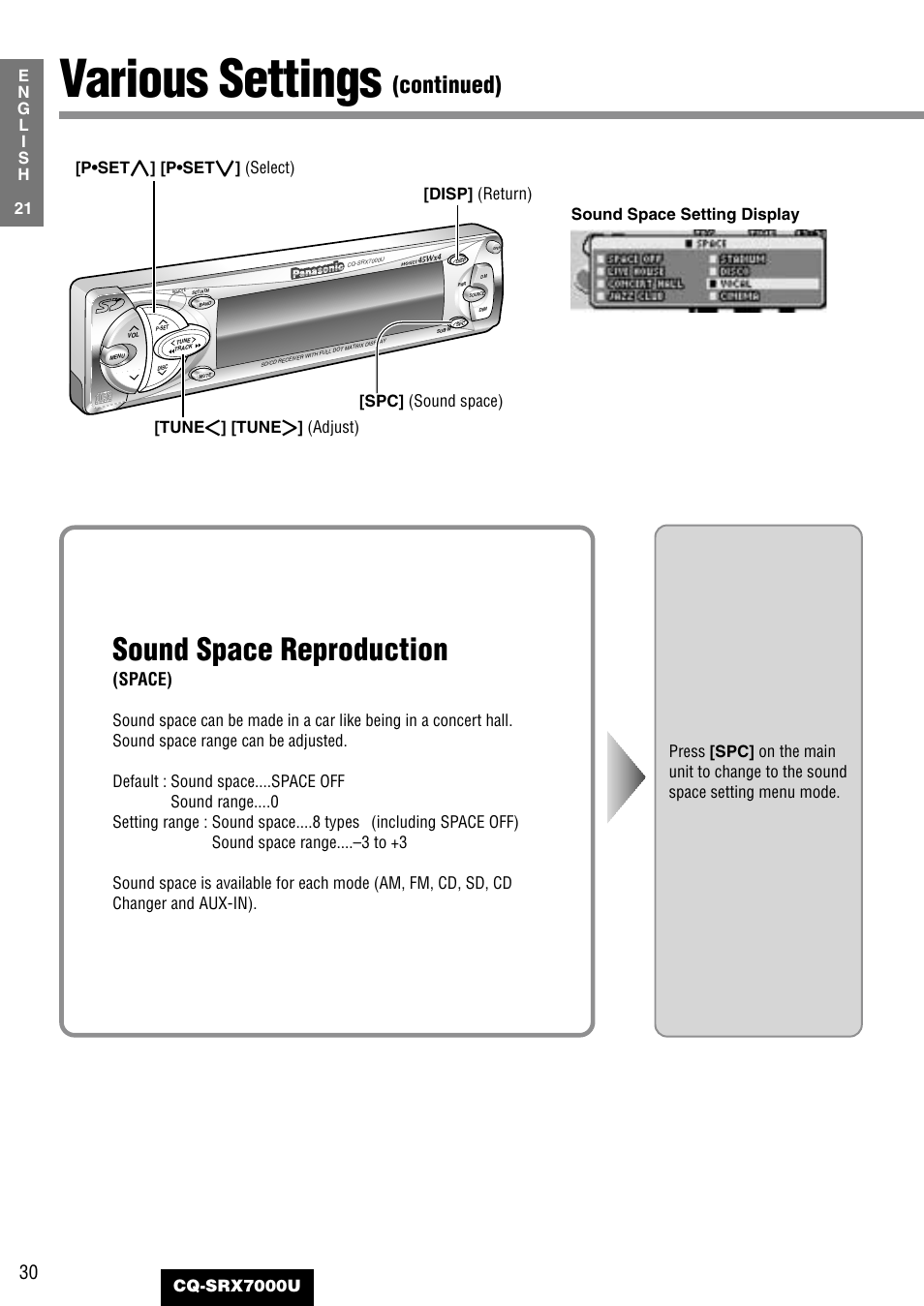 Various settings, Sound space reproduction, Continued) | Space) | Panasonic CQ-SRX7000U User Manual | Page 26 / 54