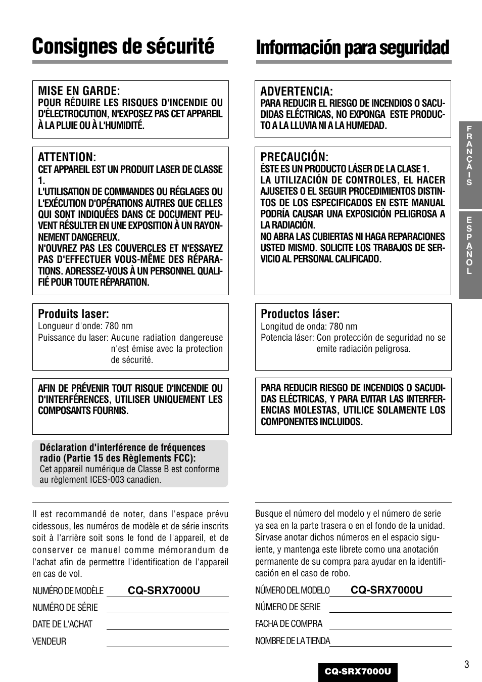 Consignes de sécurité, Información para seguridad | Panasonic CQ-SRX7000U User Manual | Page 3 / 54