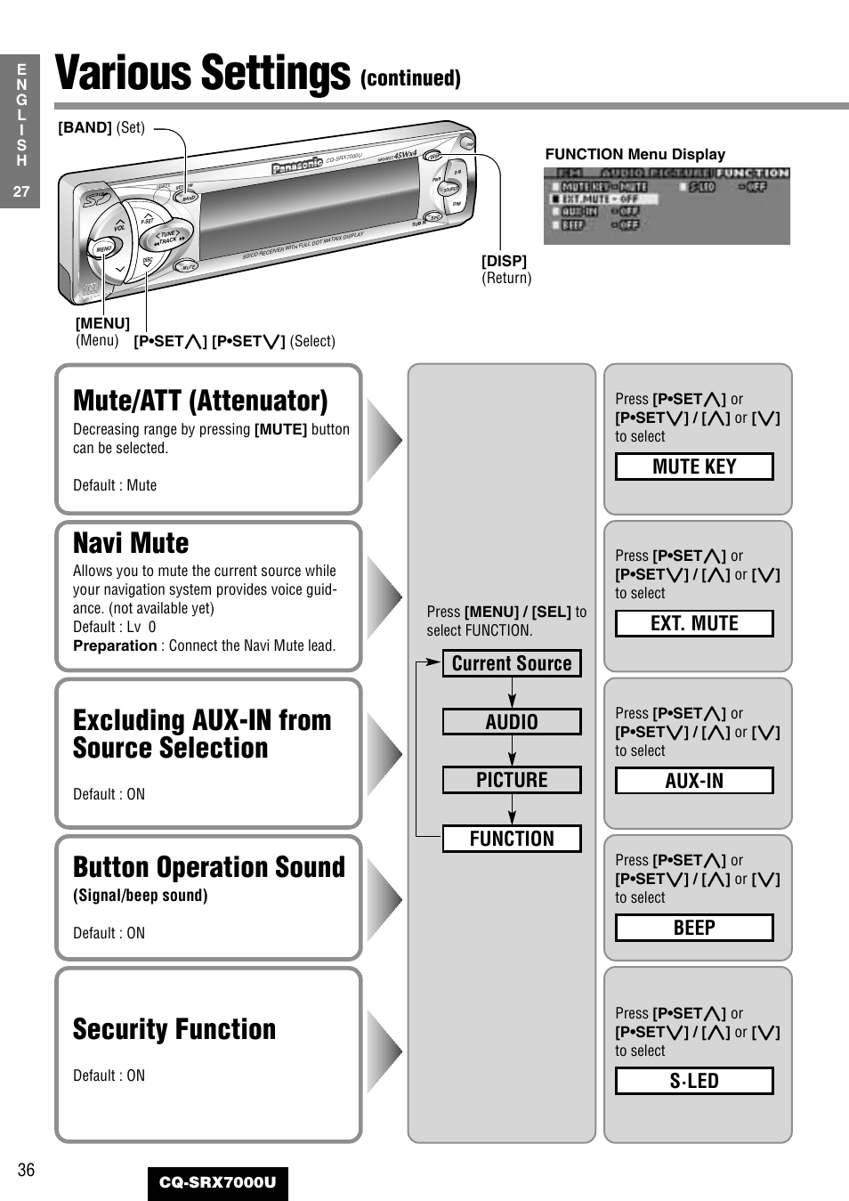 Various settings, Button operation sound, Mute/att (attenuator) | Navi mute, Excluding aux-in from source selection, Security function, Continued), Beep, Mute key, Ext. mute | Panasonic CQ-SRX7000U User Manual | Page 32 / 54
