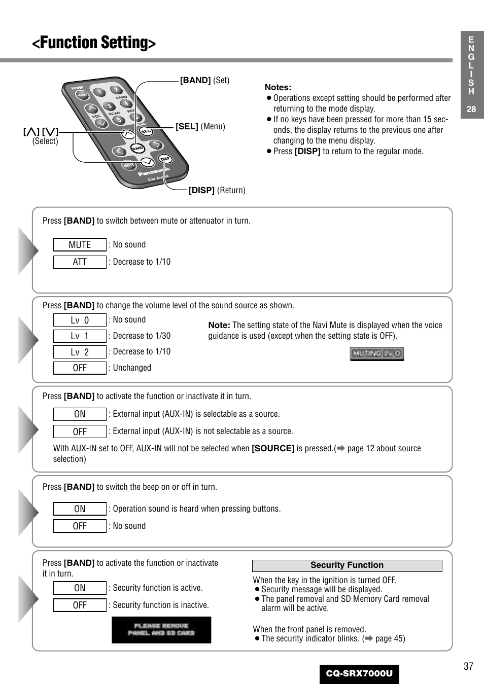 Function setting | Panasonic CQ-SRX7000U User Manual | Page 33 / 54