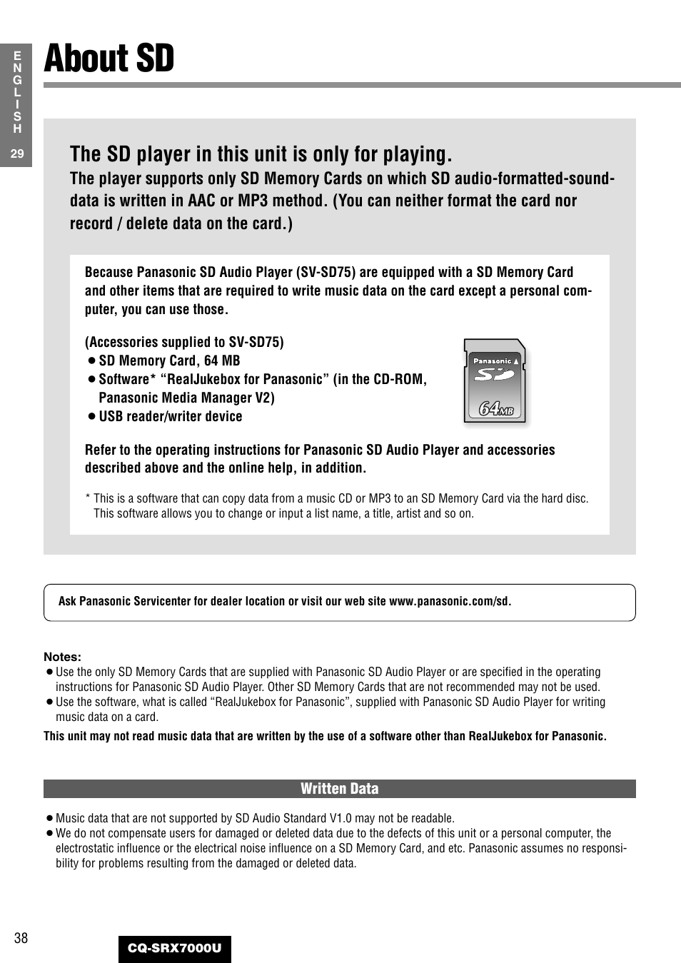 About sd, The sd player in this unit is only for playing | Panasonic CQ-SRX7000U User Manual | Page 34 / 54
