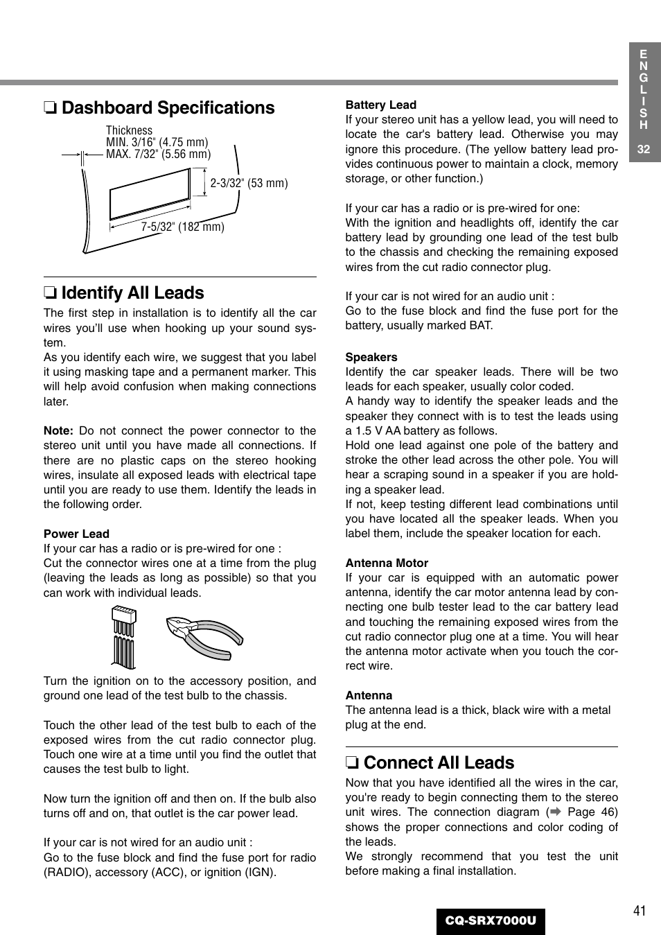 Dashboard specifications ❏ identify all leads, Connect all leads | Panasonic CQ-SRX7000U User Manual | Page 37 / 54