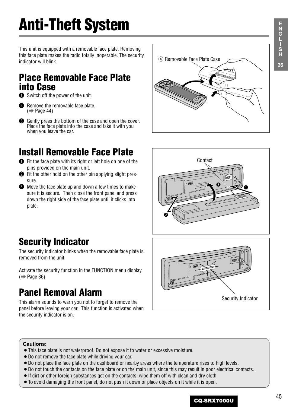 Anti-theft system, Place removable face plate into case, Install removable face plate | Security indicator, Panel removal alarm | Panasonic CQ-SRX7000U User Manual | Page 41 / 54