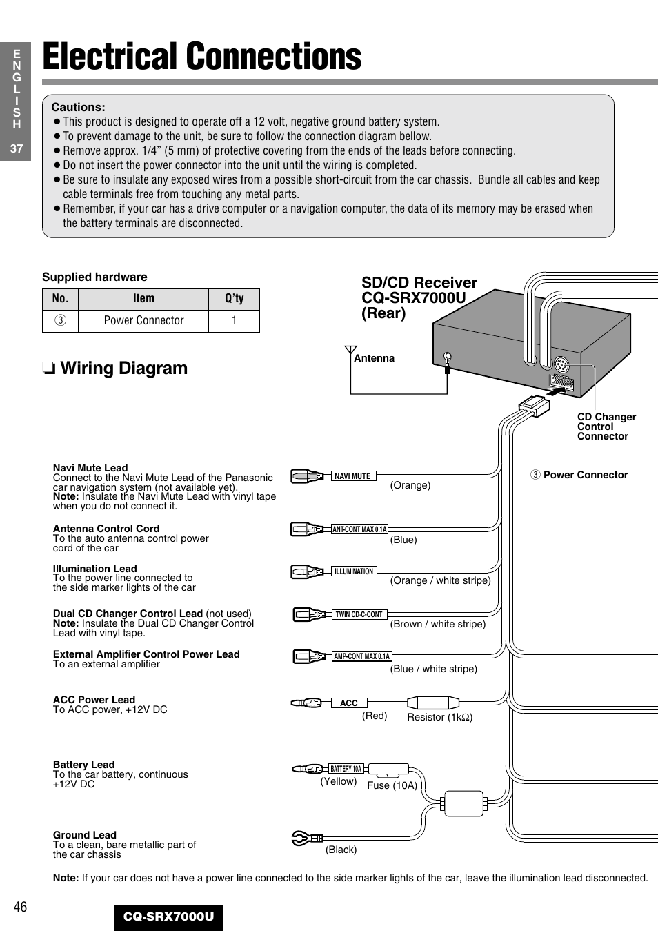 Electrical connections, Wiring diagram, Sd/cd receiver cq-srx7000u (rear) | Panasonic CQ-SRX7000U User Manual | Page 42 / 54