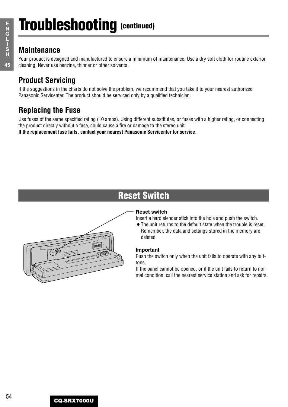 Troubleshooting, Reset switch, Maintenance | Product servicing, Replacing the fuse | Panasonic CQ-SRX7000U User Manual | Page 50 / 54