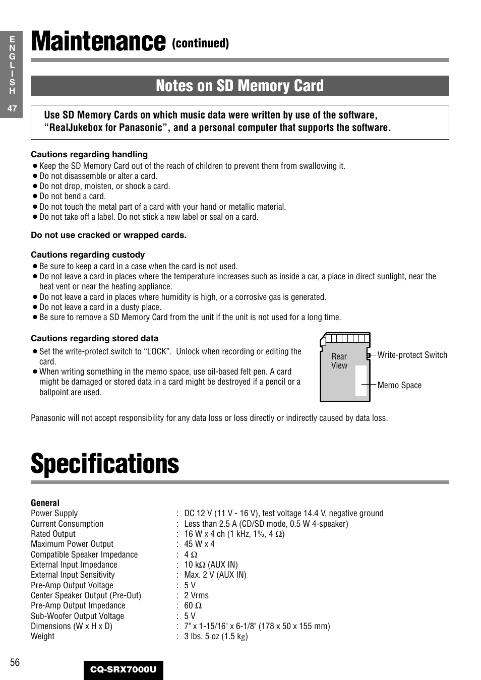 Maintenance, Specifications, Continued) | Panasonic CQ-SRX7000U User Manual | Page 52 / 54