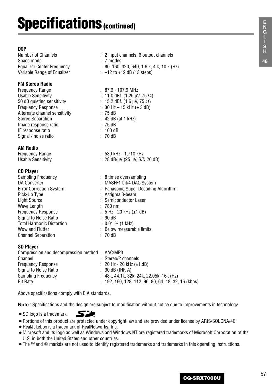 Specifications, Continued) | Panasonic CQ-SRX7000U User Manual | Page 53 / 54