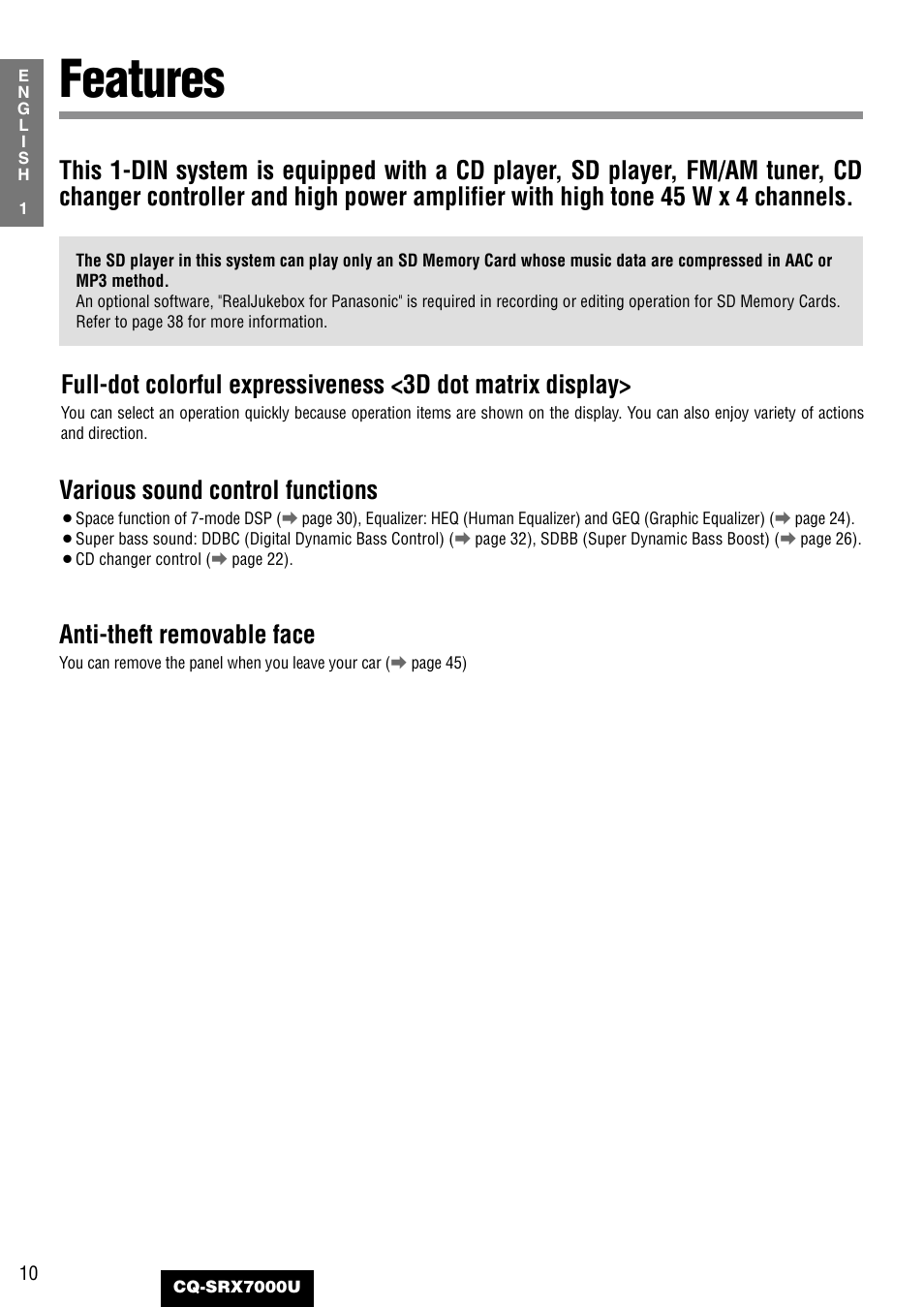 Features, Various sound control functions, Anti-theft removable face | Panasonic CQ-SRX7000U User Manual | Page 6 / 54
