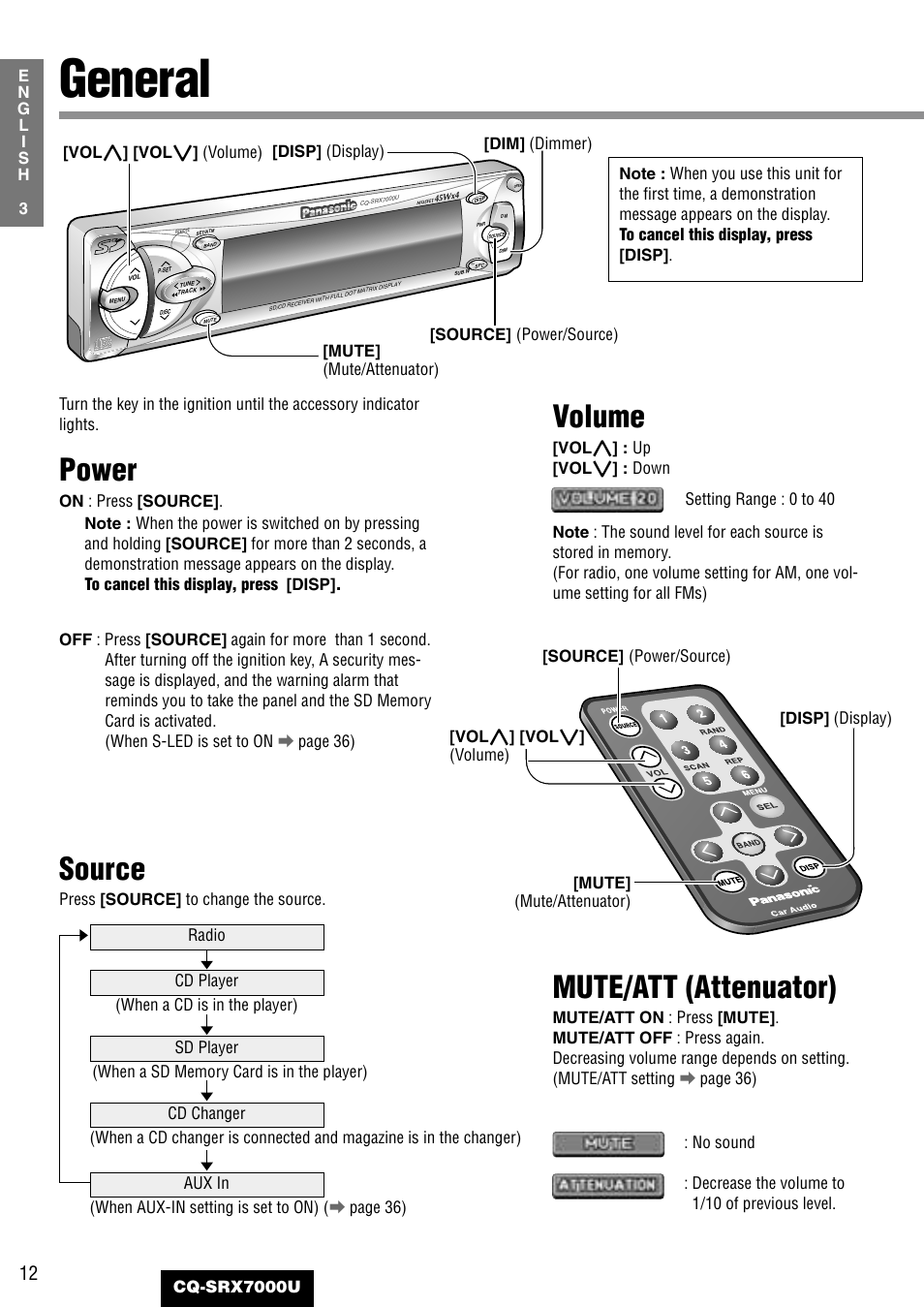 General, Power, Source | Volume, Mute/att (attenuator) | Panasonic CQ-SRX7000U User Manual | Page 8 / 54