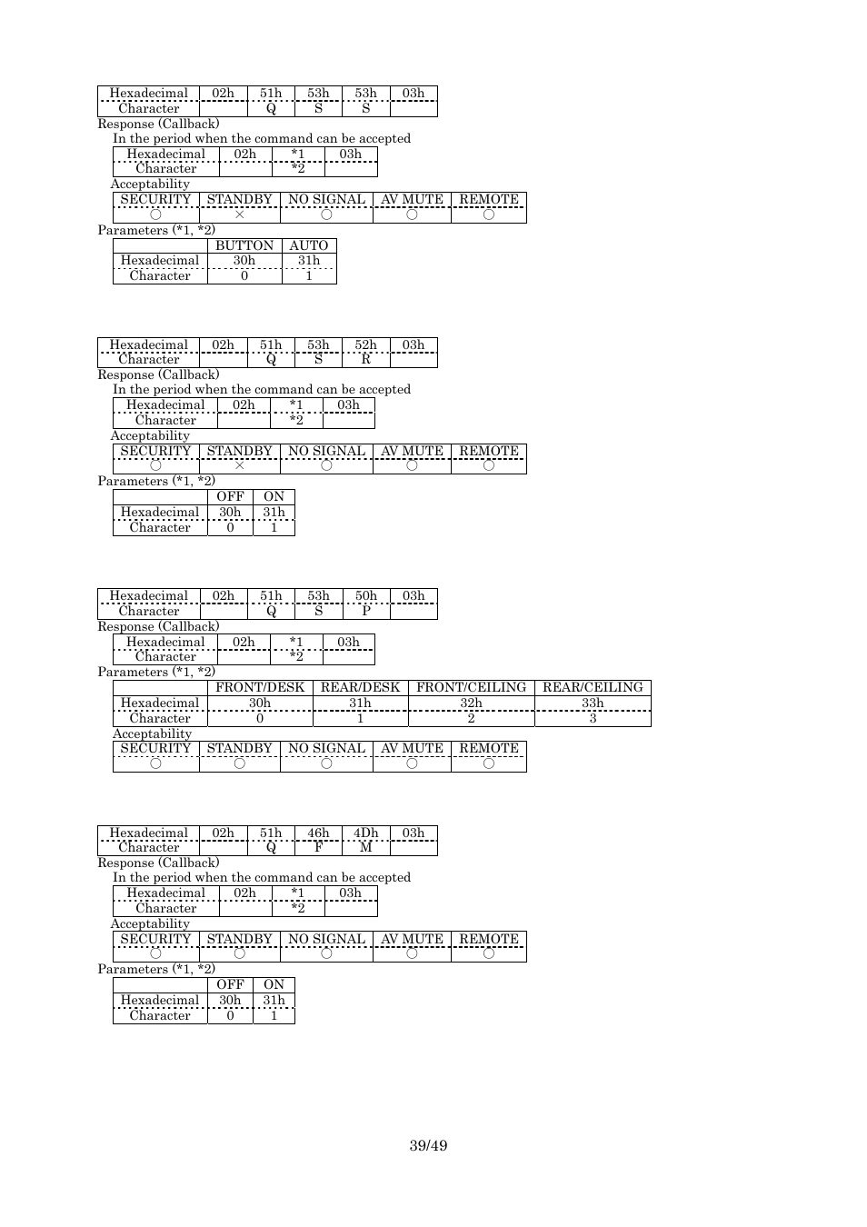 Query auto setup setting, Query signal search, Query installation | Query high altitude mode | Panasonic RS-232C User Manual | Page 39 / 49