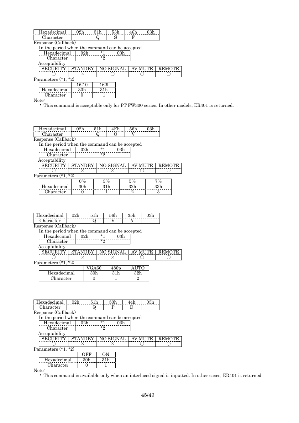 Query screen format, Query over scan, Query vga60/480p setting | Query digital cinema reality | Panasonic RS-232C User Manual | Page 45 / 49