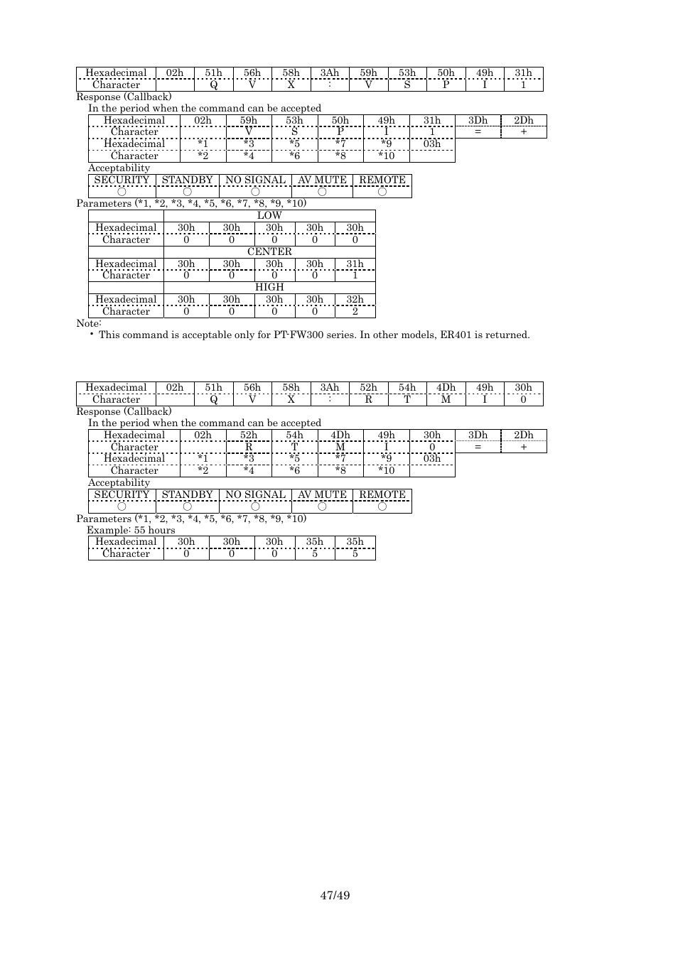 Query screen position, Query runtime - projector | Panasonic RS-232C User Manual | Page 47 / 49