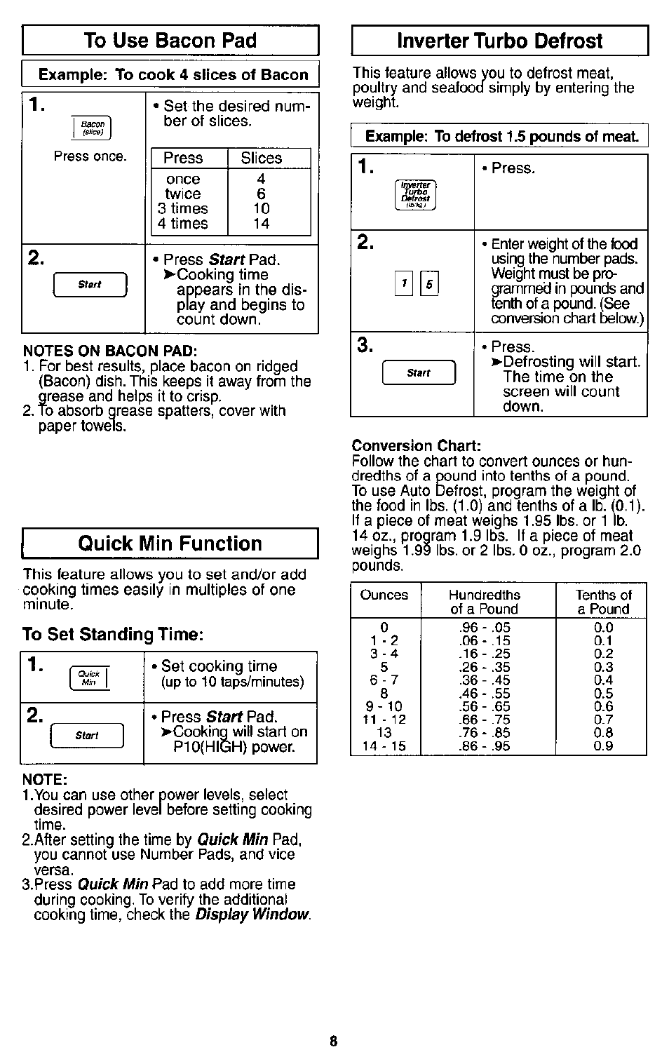 To use bacon pad, Quick min function, Inverter turbo defrost | To use popcorn pad, Inverter turbo defrost -9 | Panasonic MICROWACE OVEN NN-S560 User Manual | Page 10 / 28