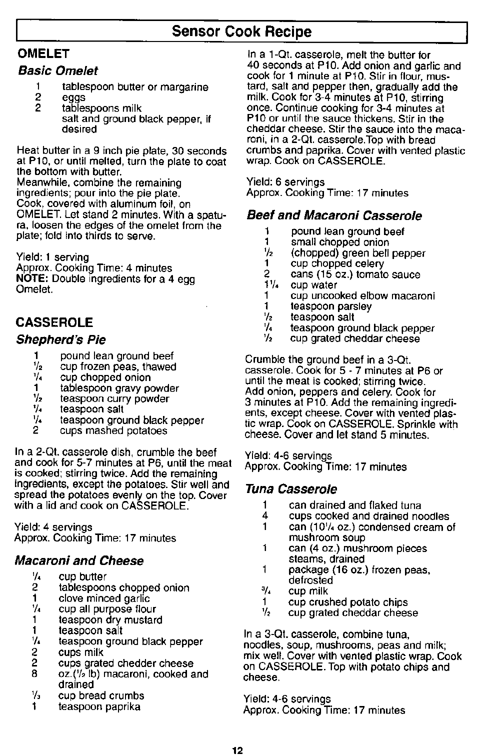 Sensor cook recipe, Omelet basic omelet, Casserole shepherd's pie | Macaroni and cheese, Beef and macaroni casserole, Tuna casserole | Panasonic MICROWACE OVEN NN-S560 User Manual | Page 14 / 28