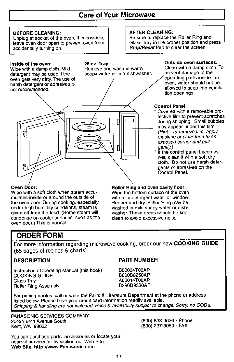 Саге of your microwave, Order form, Care of your microwave oven | Panasonic MICROWACE OVEN NN-S560 User Manual | Page 19 / 28