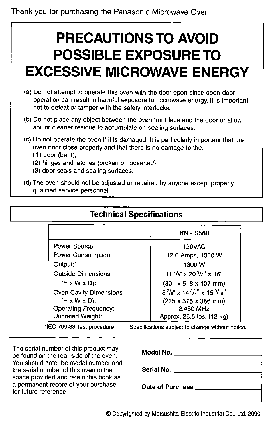 Technical specifications, Ir/e”x20ve”x | Panasonic MICROWACE OVEN NN-S560 User Manual | Page 2 / 28