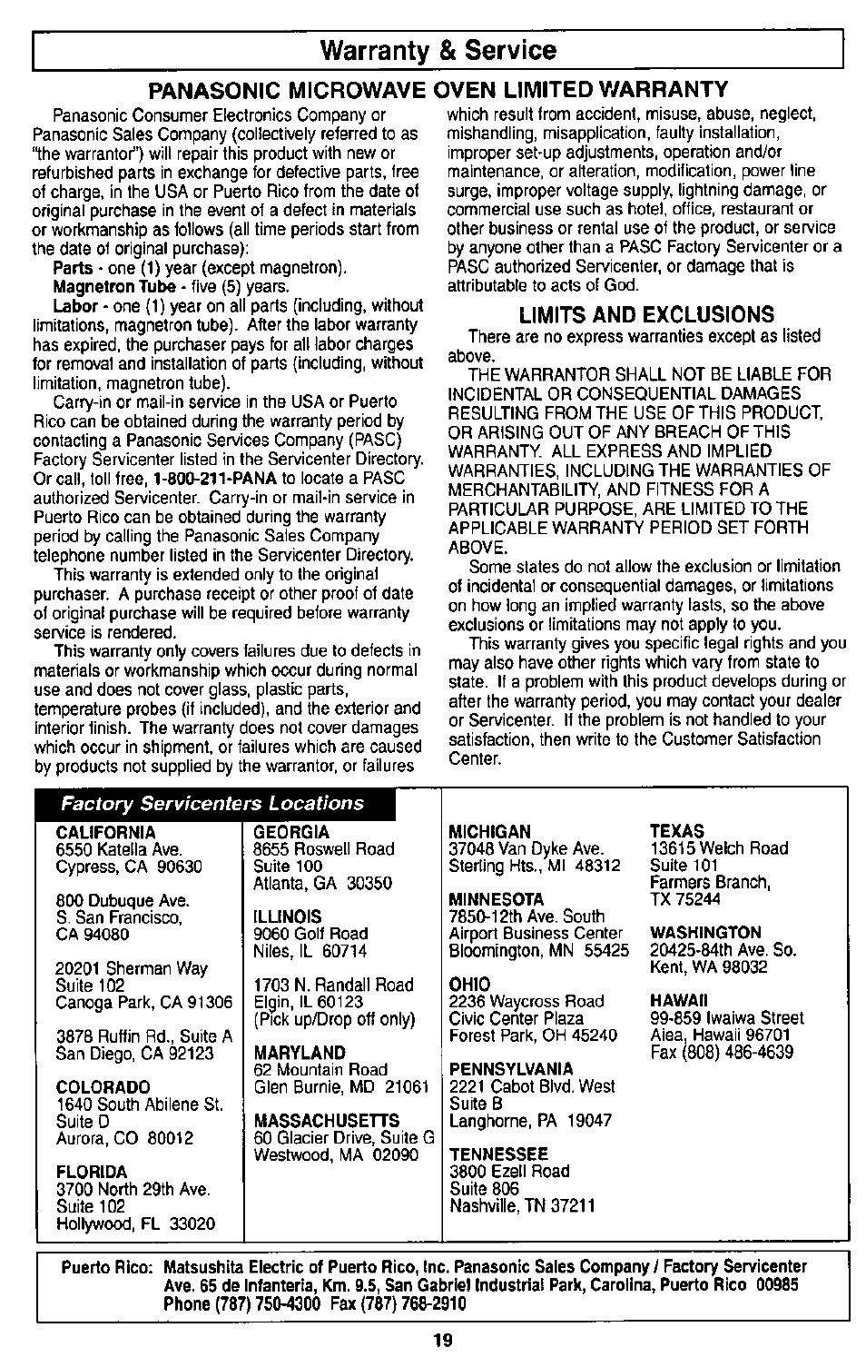 Warranty & service, Panasonic microwave oven limited v/arranty, Limits and exclusions | Panasonic MICROWACE OVEN NN-S560 User Manual | Page 21 / 28