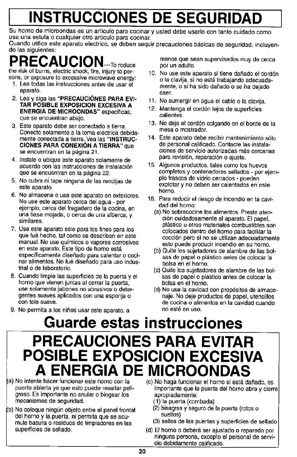 Guarde estas instrucciones, Precaucion, Instrucciones de seguridad | Panasonic MICROWACE OVEN NN-S560 User Manual | Page 22 / 28