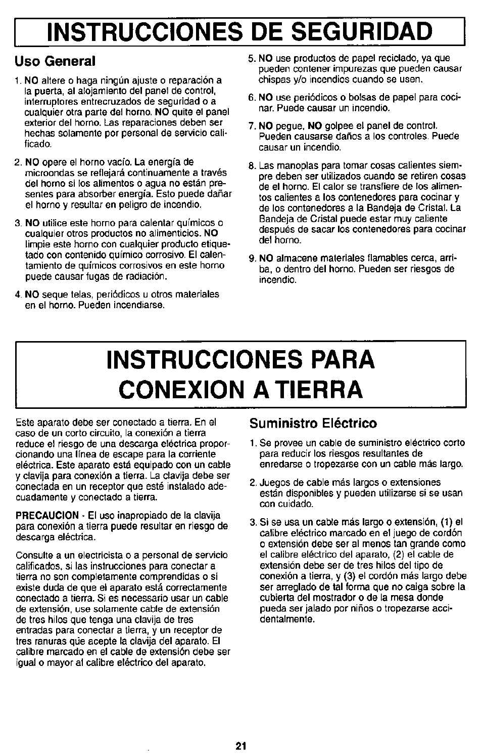 Instrucciones para conexion atierra, Instrucciones para conexión a tierra, Instrucciones de seguridad | Uso general | Panasonic MICROWACE OVEN NN-S560 User Manual | Page 23 / 28