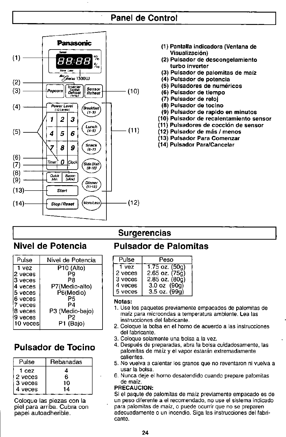 Panel de control, Surgerencias, Nivel de potencia | Pulsador de tocino, Pulsador de palomitas, Sugerencias, Surgerencias nivel de potencia | Panasonic MICROWACE OVEN NN-S560 User Manual | Page 26 / 28