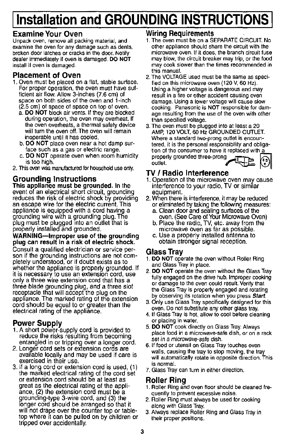 Installation and grounding instructions, Roller ring | Panasonic MICROWACE OVEN NN-S560 User Manual | Page 5 / 28
