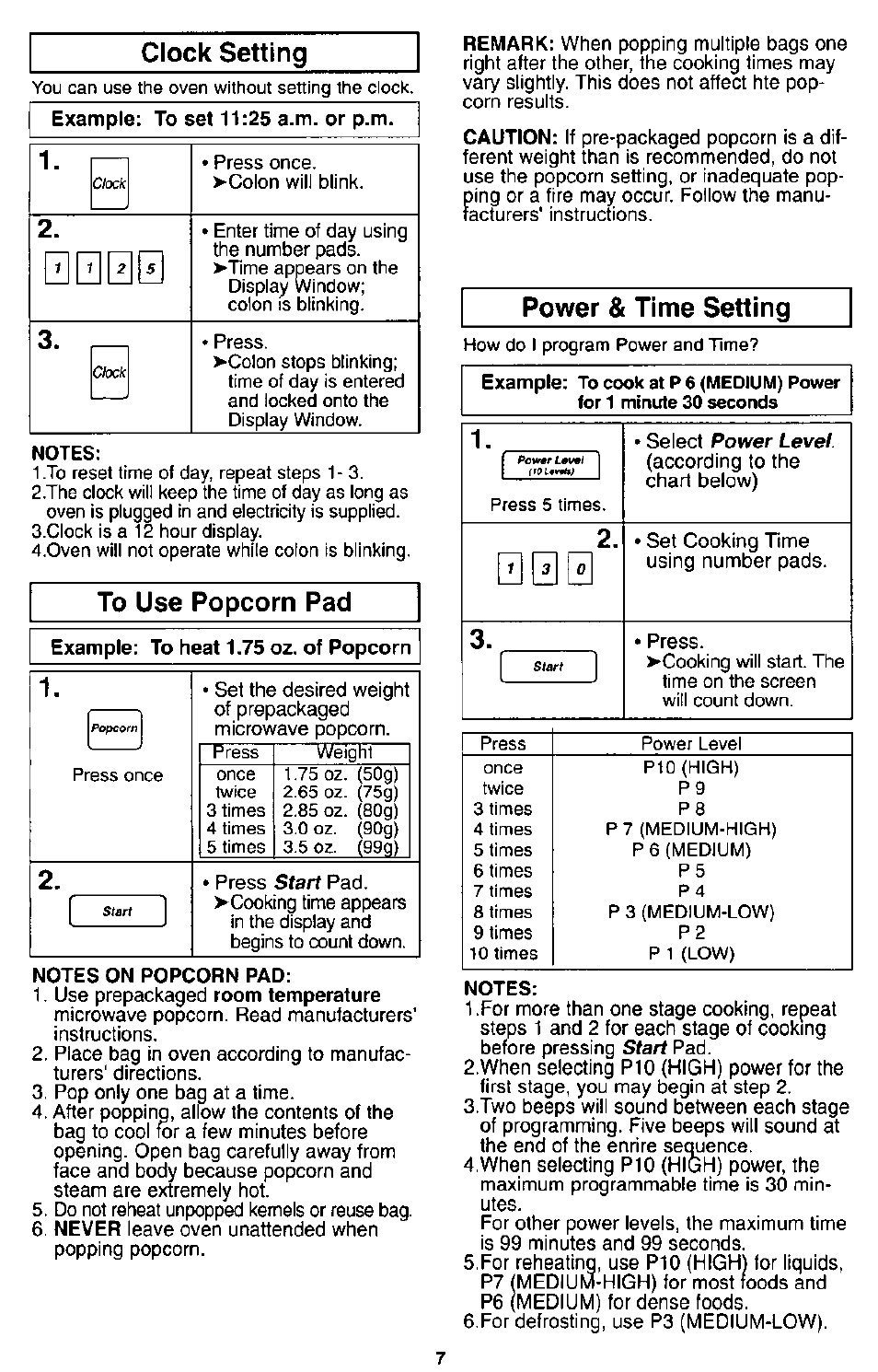 Clock setting, Power & time setting | Panasonic MICROWACE OVEN NN-S560 User Manual | Page 9 / 28