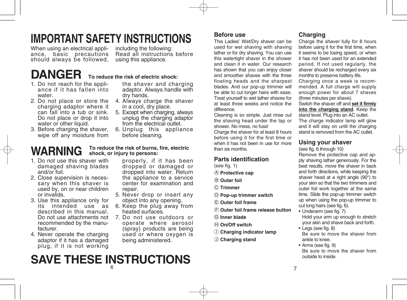 Important safety instructions warning, Danger, Save these instructions | Panasonic ES2206 User Manual | Page 4 / 11