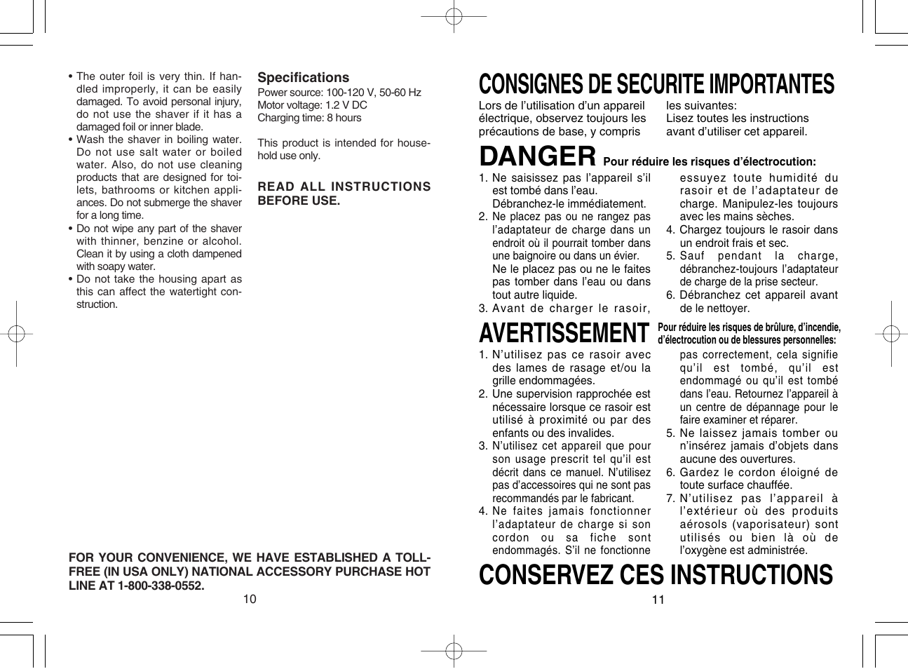 Consignes de securite importantes, Danger, Avertissement conservez ces instructions | Panasonic ES2206 User Manual | Page 6 / 11