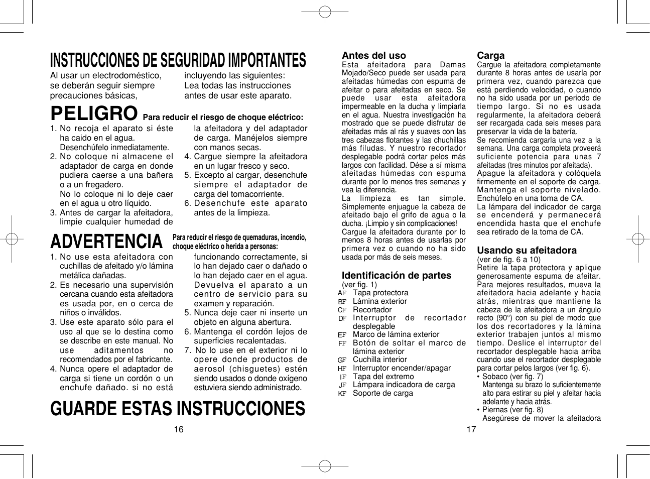 Instrucciones de seguridad importantes, Peligro, Advertencia guarde estas instrucciones | Panasonic ES2206 User Manual | Page 9 / 11