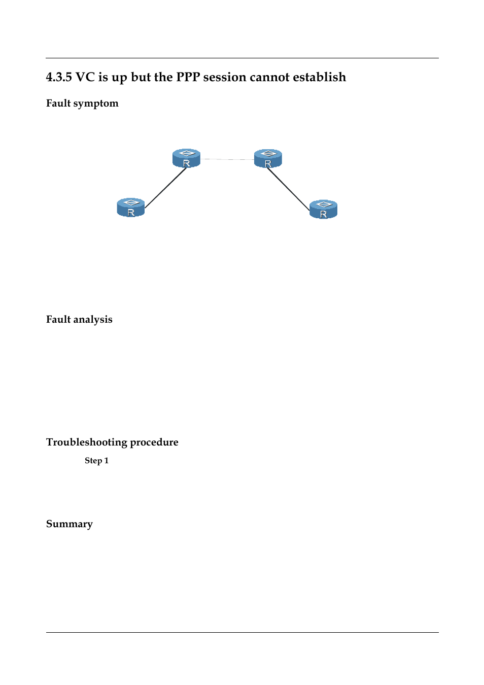 5 vc is up but the ppp session cannot establish, Fault symptom, Fault analysis | Troubleshooting procedure, Summary, Vc is up but the ppp session cannot establish | Panasonic NN46240-710 User Manual | Page 136 / 181