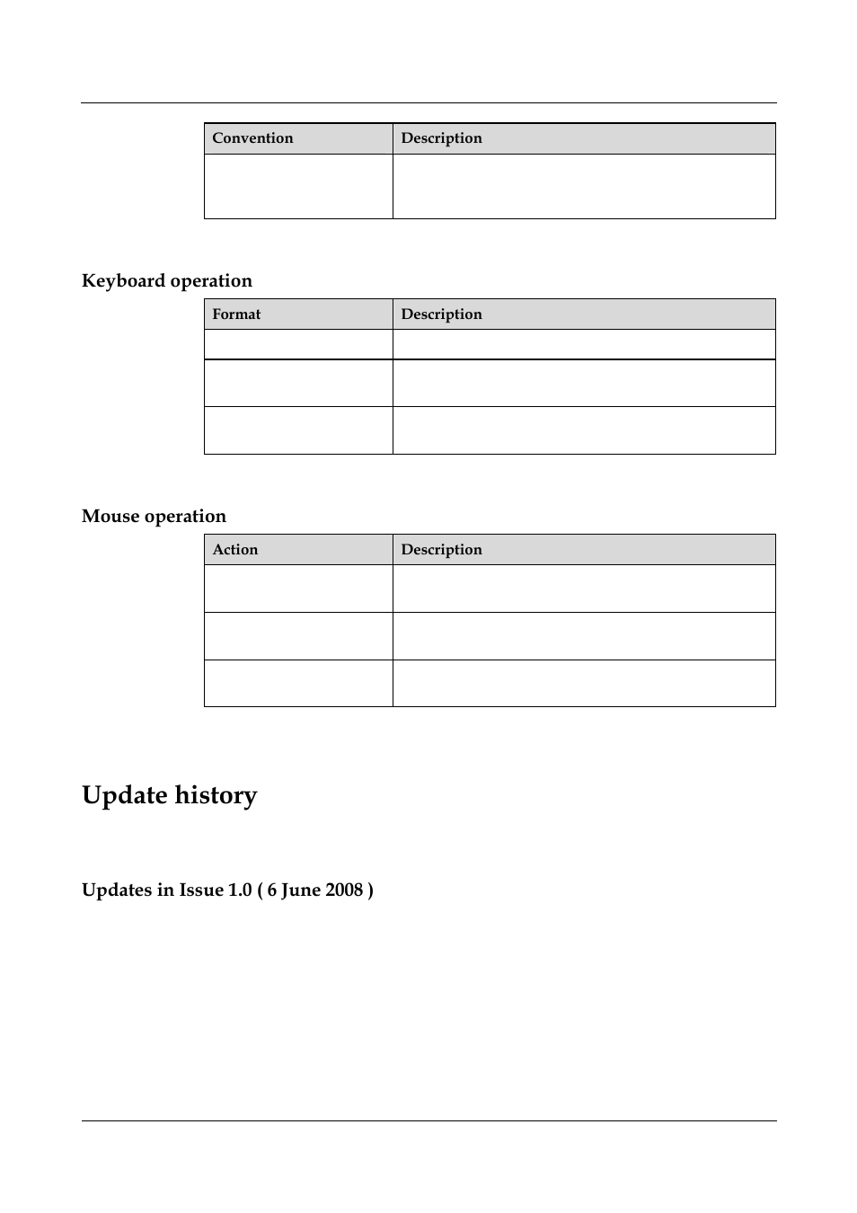 Keyboard operation, Mouse operation, Update history | Updates in issue 1.0 ( 6 june 2008 ) | Panasonic NN46240-710 User Manual | Page 14 / 181