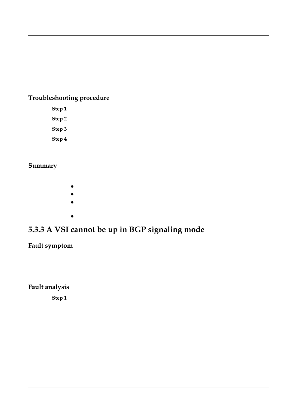 Troubleshooting procedure, Summary, 3 a vsi cannot be up in bgp signaling mode | Fault symptom, Fault analysis, 3 a vsi cannot be up in bgp signaling mode -15, A vsi cannot be up in bgp signaling mode | Panasonic NN46240-710 User Manual | Page 174 / 181