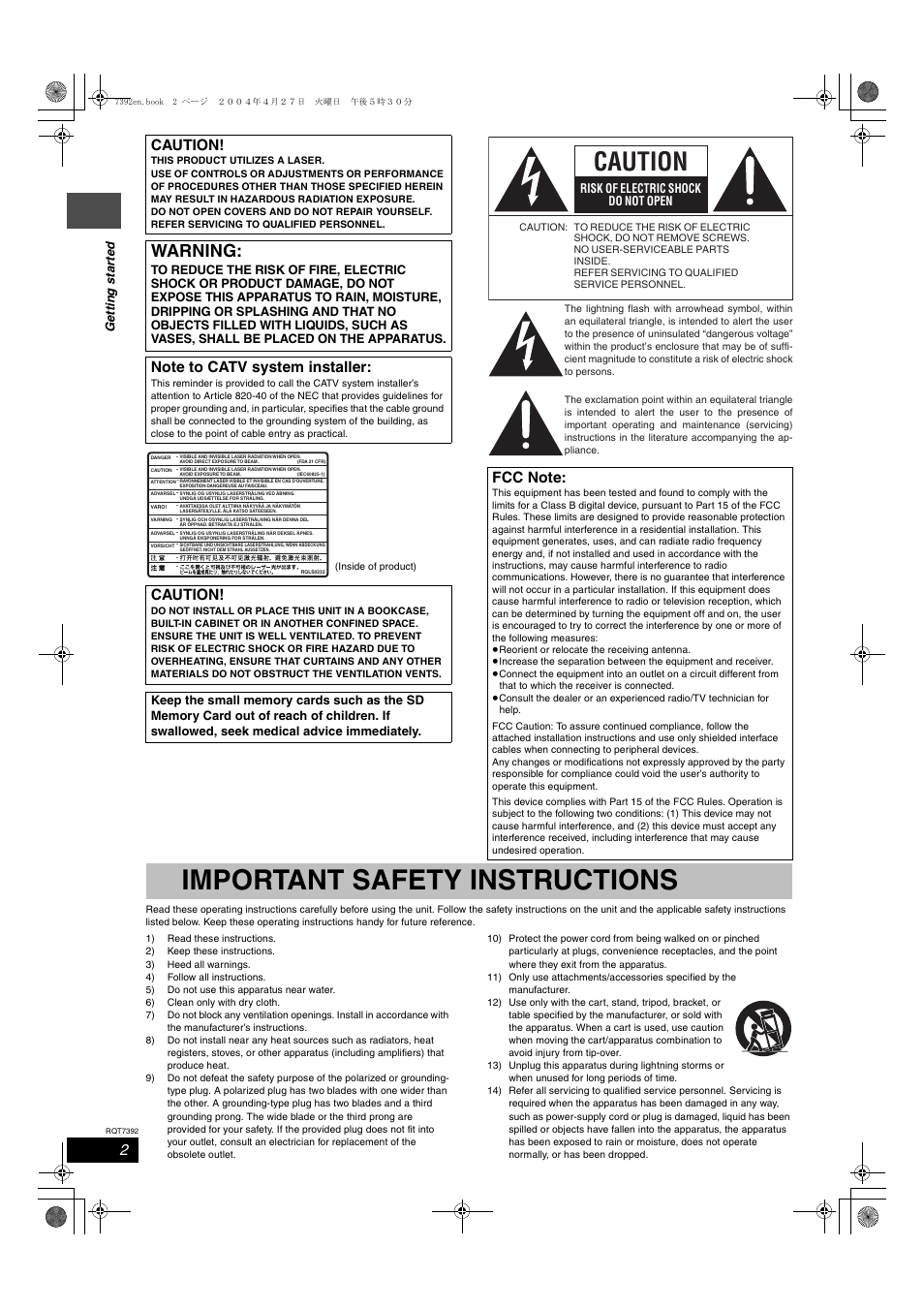 Getting started, Important safety instructions, Warning | Caution, Ge tt in g s ta rte d, Risk of electric shock do not open | Panasonic DMR-E95H User Manual | Page 2 / 64