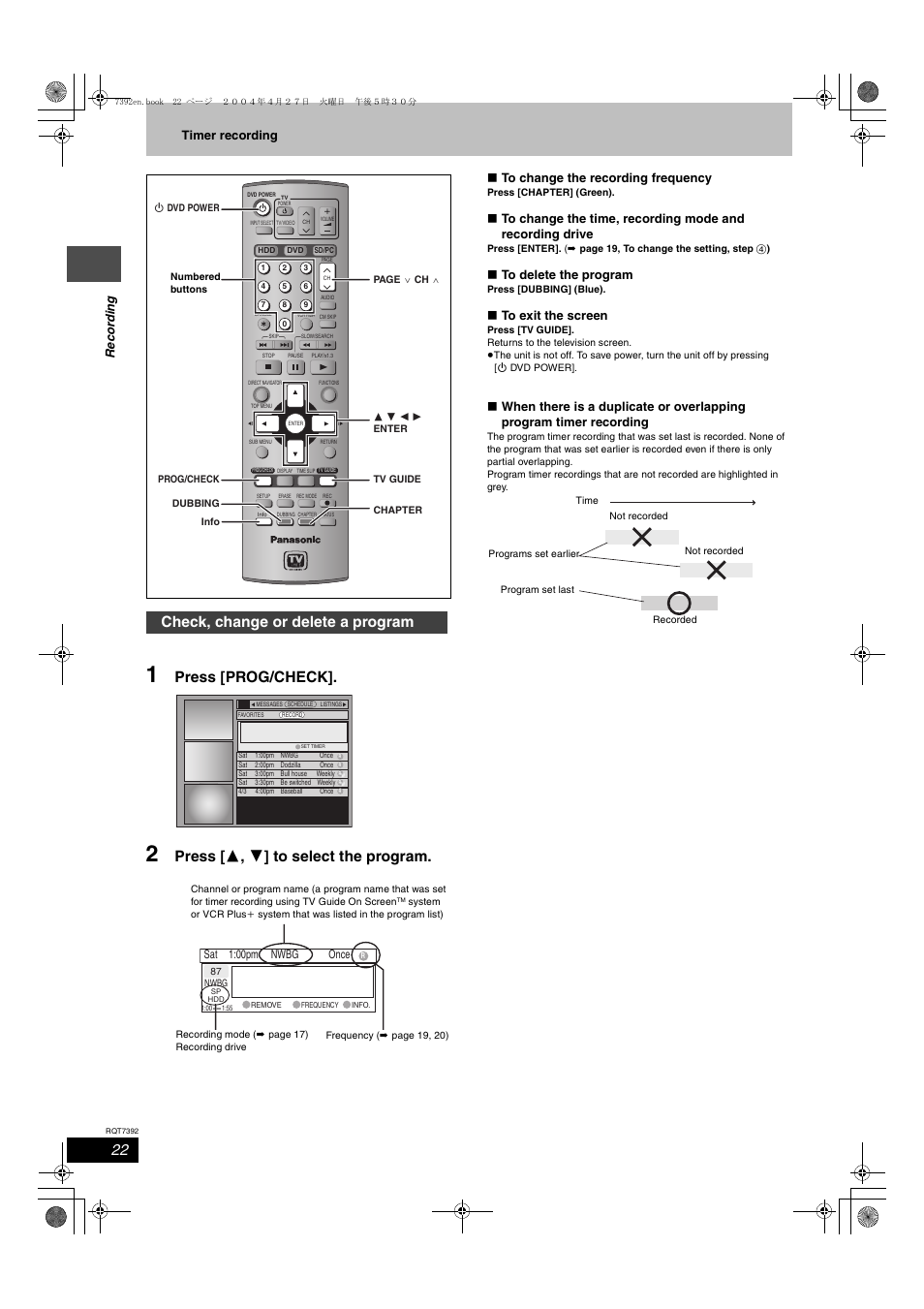 Press [prog/check, Press [ 3 , 4 ] to select the program, Check, change or delete a program | Re cor d ing timer recording | Panasonic DMR-E95H User Manual | Page 22 / 64