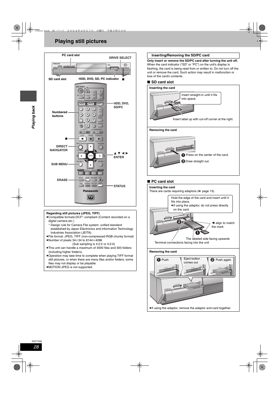 Playing still pictures, X1.3, Pla y ing ba c k | Sd card slot ∫ pc card slot | Panasonic DMR-E95H User Manual | Page 28 / 64